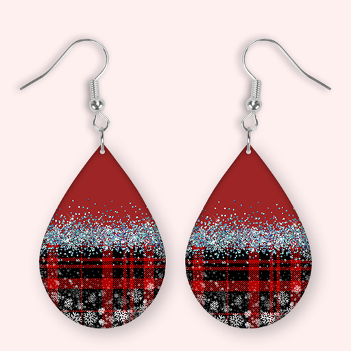 Red Plaid Christmas Earrings - Glitter