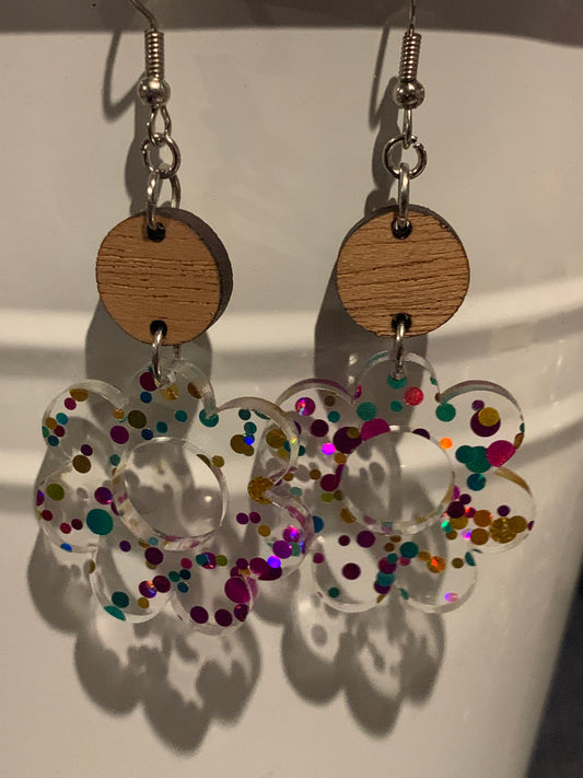 Glitter Flower and Wood Earrings