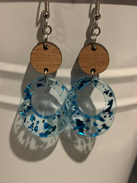Blue Glitter and Wood Earrings
